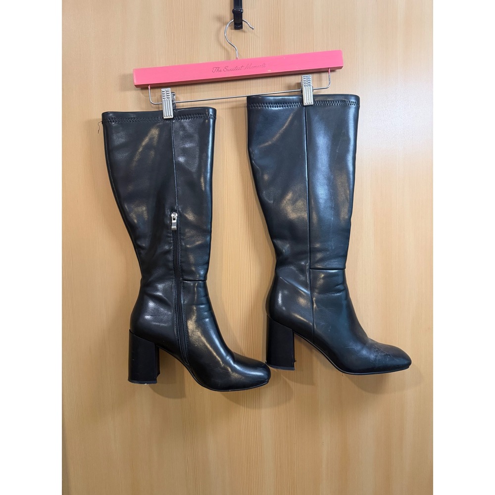 Womens Black Tall Block Heel Boots Side Zip Round Toe Size 8.5
